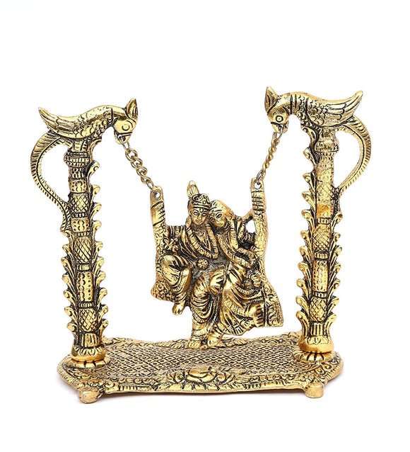 White Whale Radha Krishna on Swing jhula Gold Plated Metal Statue Decor Your Home, Office (Medium)