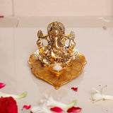 White Whale Metal Lord Ganesha On Leaf with Diya Idol for Pooja Room Showpiece for Room,Office & Table,car and Gift for Have Anniversaries, Birthday.