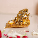 White Whale Metal Lord Ganesha On Leaf with Diya Idol for Pooja Room Showpiece for Room,Office & Table,car and Gift for Have Anniversaries, Birthday.
