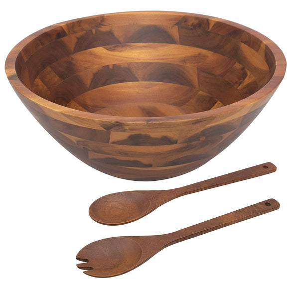 White Whale Wooden Salad Bowl - 12.5 Inch Hardwood with Servers Set Big Salad Bowl