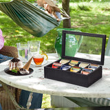 White Whale Tea Box Storage Natural Tea Chest Tea Bag Holder 8 Adjustable Tea Chest Compartments with Glass Window