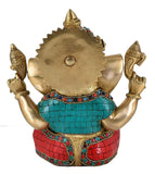 White Whale Brass Mangalkari Ganesha Statue With Multicolor Stone Work God Ganesha Brass Sculpture