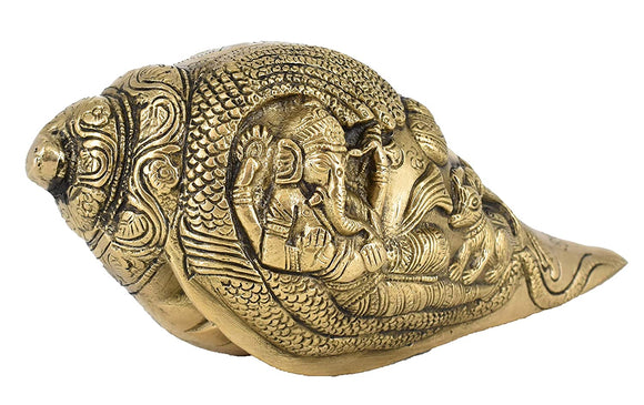 White Whale Brass Ganesha Shankh Statue With Sound for Pooja l Brass Conch for Home Décor