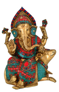 White Whale Lord Ganesh Sitting On Mushakraj Murti Ganesha Idol Ganpati Bhagwan Brass Statue for Home Decoration Showpiece