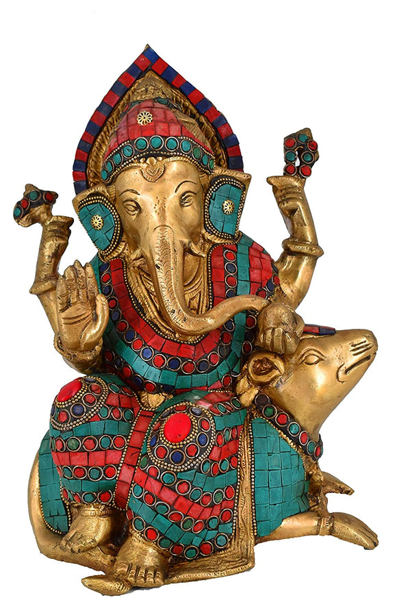 White Whale Lord Ganesh Sitting On Mushakraj Murti Ganesha Idol Ganpati Bhagwan Brass Statue for Home Decoration Showpiece
