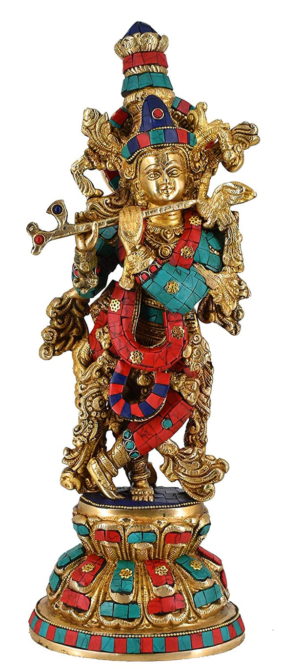White Whale Lord Krishna Brass Statue With Multicolor Stone Work Religious Strength God Sculpture Idol Home Decor Figurine