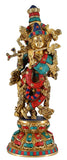 White Whale Lord Krishna Brass Statue With Multicolor Stone Work Religious Strength God Sculpture Idol Home Decor Figurine