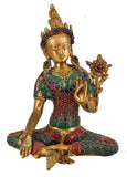 White Whale Tara Buddha Idol Tibetan Green Buddhism Yin Kwan Goddess Buddhist Statue -Antique Buddha Brass Sculpture