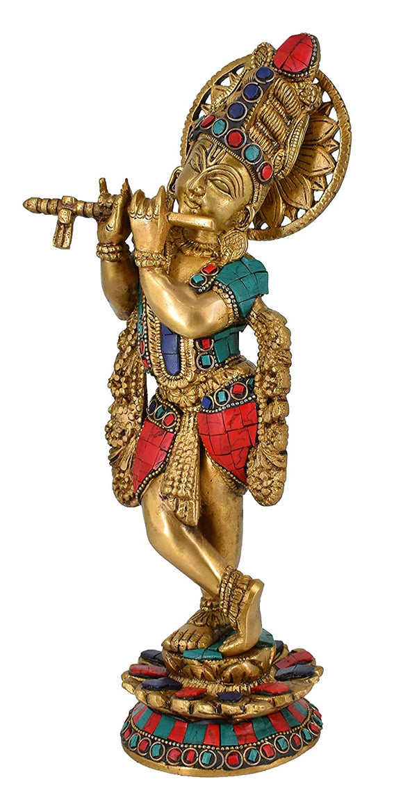 White Whale Lord Krishna Brass Statue Religious Strength God Sculpture Idol Home Decor Figurine