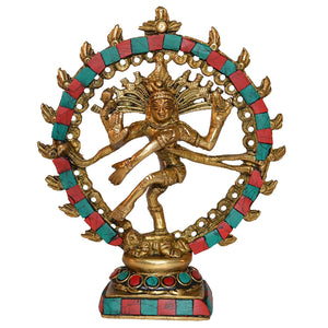White Whale Brass Nataraj Dancing Lord Shiva Sculpture with Turquoise Coral Stone Work 6" inch