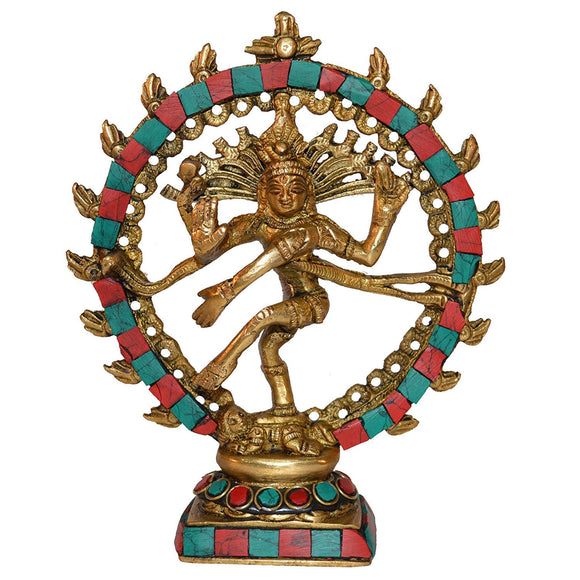 White Whale Brass Nataraj Dancing Lord Shiva Sculpture with Turquoise Coral Stone Work 6