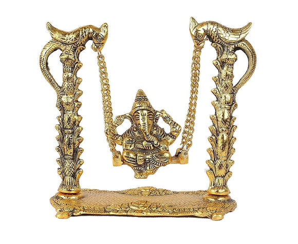 White Whale Metal Ganesh Ji on Swing Jhula Statue (Gold, Standard), (Pack of 1)