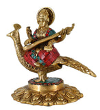 White Whale Maa Saraswati Sitting On Peacock Brass Statue With Multicolor Stone Work Religious Goddess Sculpture Idol Home Décor