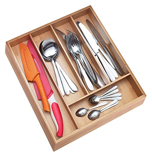 White Whale Drawer Dividers silverware tray Expandable Utensil Cutlery Tray Wooden Adjustable Flatware Organizer Kitchen Storage Holder for Knives Forks Spoons Accessories Gadgets