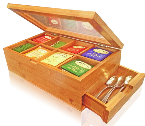 Whitewhale Tea Box Storage Natural Tea Chest Tea Bag Holder with Glass Window