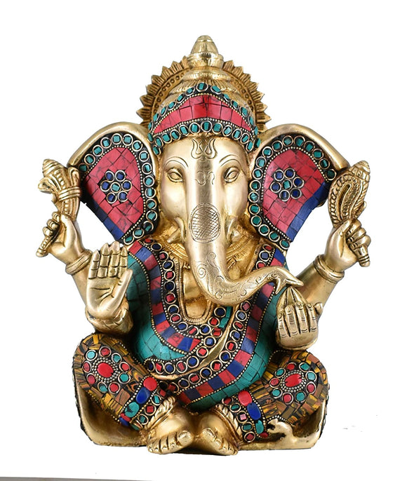 White Whale Lord Ganesha Brass Statue Religious Strength God Sculpture Idol Home Decor Figurine (11 Inches)