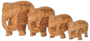 White Whale Wooden Jali Elephants with Baby Inside BABY Idol Feng Shui Good Luck Dignity worldwide Showpiece Gifts Set ( Pack of 4)