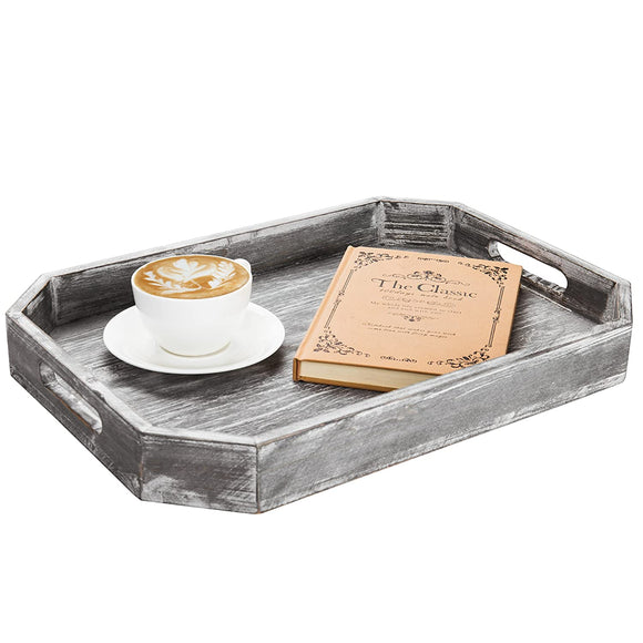 White whale Wooden Serving Tray with Cutout Handles and Angled Edges