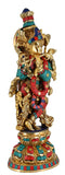 White Whale Lord Krishna Brass Statue With Multicolor Stone Work Religious Strength God Sculpture Idol Home Decor Figurine