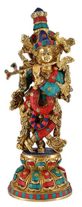 White Whale Lord Krishna Brass Statue With Multicolor Stone Work Religious Strength God Sculpture Idol Home Decor Figurine