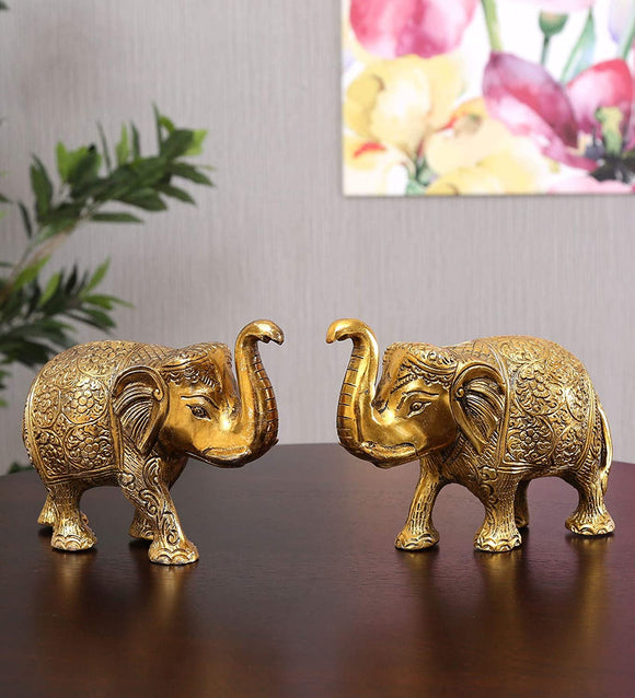 White Whale Metal Elephant Statue Small Size Gold Polish 2 pcs Set for Your Home,Office Table Decorative & Gift Article,Animal Showpiece Figurines.