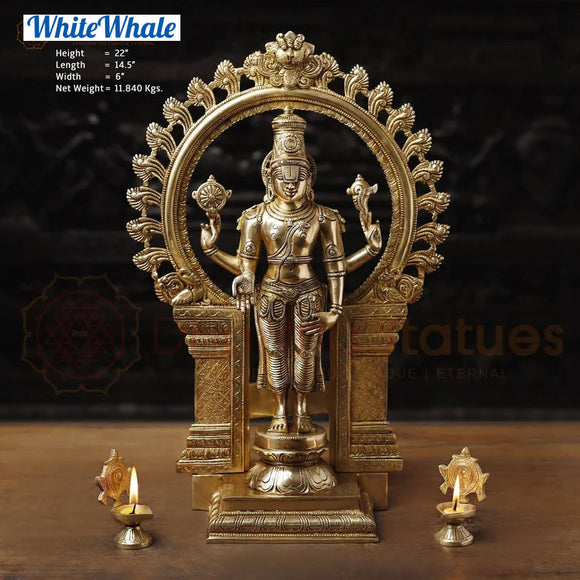 White Whale Brass Karunapara Lord Vishnu Blessing in YakshaMukha Frame with Shankhya Lamps - High Gold Finish