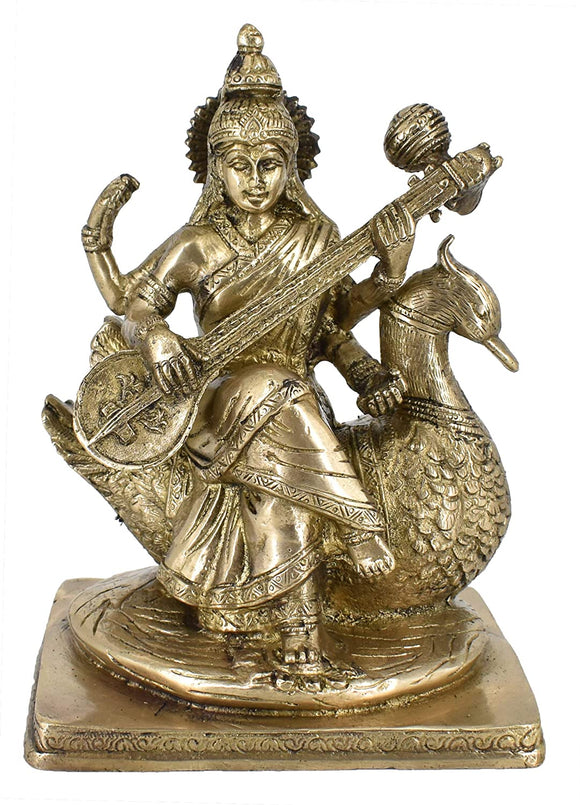 White Whale Brass Goddess Saraswati Sitting On Swan Statue Idol Home Decor Figurine