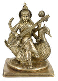 White Whale Brass Goddess Saraswati Sitting On Swan Statue Idol Home Decor Figurine