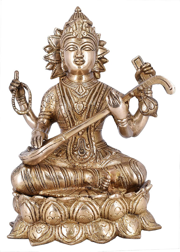 White Whale Maa Saraswati Brass Statue Religious Goddess Sculpture Idol Home Décor