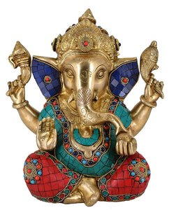 White Whale Brass Mangalkari Ganesha Statue With Multicolor Stone Work God Ganesha Brass Sculpture