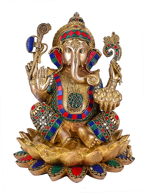 White Whale Brass Lord Mangalkari Ganesha Sitting On Lotus Bhagwan Idol Ganesha Statue Ganpati Murti Home Decor