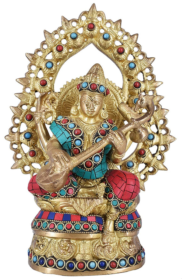 White Whale Maa Saraswati Brass Statue Religious Goddess Sculpture Idol Home Décor