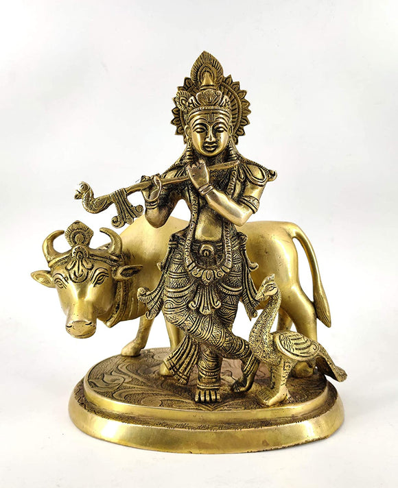 White Whale Lord Krishna With Cow Brass Statue Religious Strength God Sculpture Idol