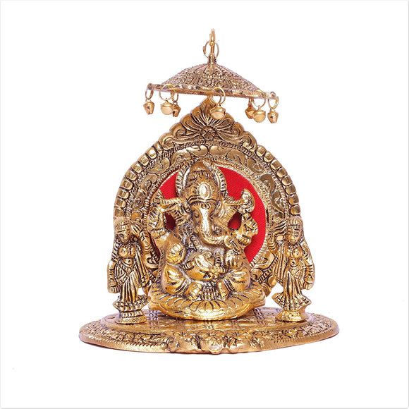 White Whale Metal ridhi sidhi ganpati Statue Gold Plated Ganesha chatra Showpiece for Home Decor and Gifts (5 x 5 x 8) inch, Golden