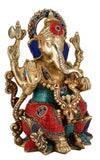 White Whale Lord Ganesh Murti Ganesha Idol Ganpati Brass Statue With Multicolor Stone Work for Home Decoration Showpiece