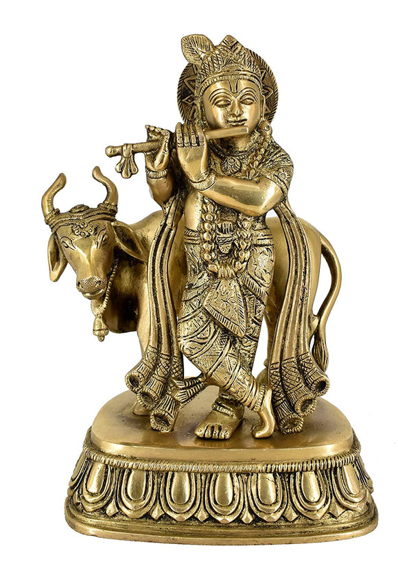 White Whale Lord Krishna with Cow Brass Statue Religious Strength God Sculpture Idol Home Decor Figurine
