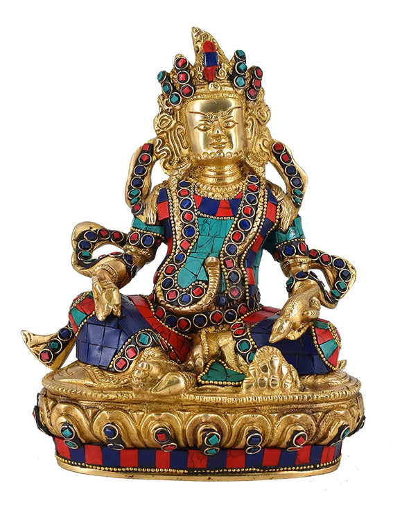 White Whale Kuber Brass Statue With Multicolor Stone Work Religious Strength God Sculpture Idol Home Decor
