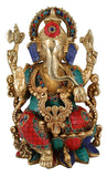 White Whale Lord Ganesh Murti Ganesha Idol Ganpati Brass Statue With Multicolor Stone Work for Home Decoration Showpiece