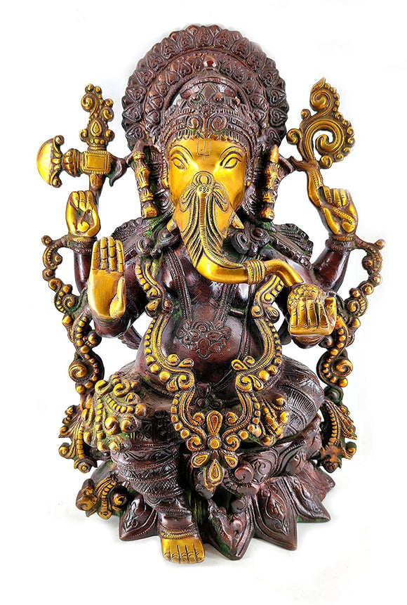 White Whale Lord Ganesha Sitting on Kamal Brass Statue Religious Strength God Sculpture Idol - Large