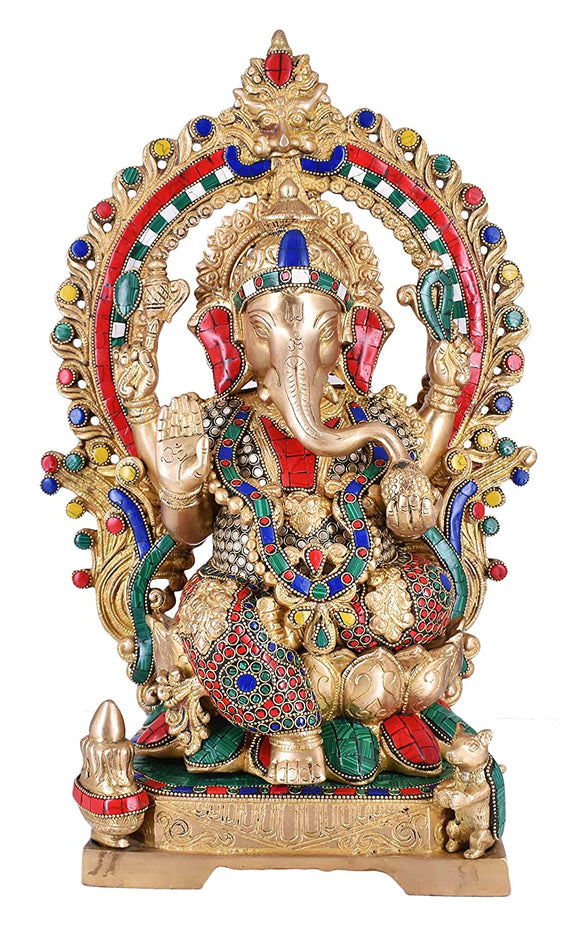 White Whale Lord Ganesh Murti Ganesha Idol Ganpati Brass Statue with Multicolor Stone Work for Home Decoration Showpiece