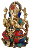 White Whale Lord Ganesh Murti Ganesha Idol Ganpati Brass Statue With Multicolor Stone Work for Home Decoration Showpiece