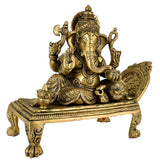 White Whale Lord Ganesha Resting on Royal Shofa Brass Statue Religious Strength God Sculpture Idol