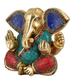 White Whale Lord Ganesh Brass Idol Long Ear Ganesha Statue With Multicolor Stone Work for Home Decoration Showpiece