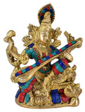 White Whale Maa Saraswati Brass Statue With Multicolor Stone Work Religious Goddess Sculpture Idol Home Décor
