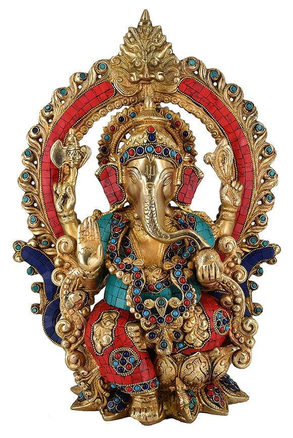 White Whale Lord Ganesh Murti Ganesha Idol Ganpati Brass Statue With Multicolor Stone Work for Home Decoration Showpiece
