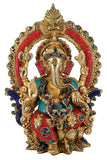 White Whale Lord Ganesh Murti Ganesha Idol Ganpati Brass Statue With Multicolor Stone Work for Home Decoration Showpiece