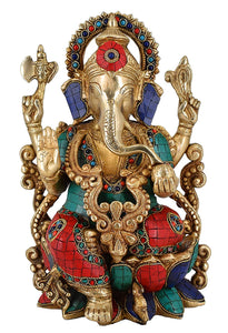 White Whale Lord Ganesh Murti Ganesha Idol Ganpati Brass Statue With Multicolor Stone Work for Home Decoration Showpiece