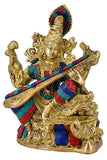 White Whale Maa Saraswati Brass Statue With Multicolor Stone Work Religious Goddess Sculpture Idol Home Décor