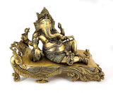 White Whale Lord Ganesha Resting on Royal Shofa Brass Statue Religious Strength God Sculpture Idol