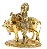 White Whale Lord Krishna Idol with Cow Sculpture Statue Murti - Puja, Meditation, Temple, Prayer, Office, Home Decor Gift Collection Item/Product-Money, Good Luck